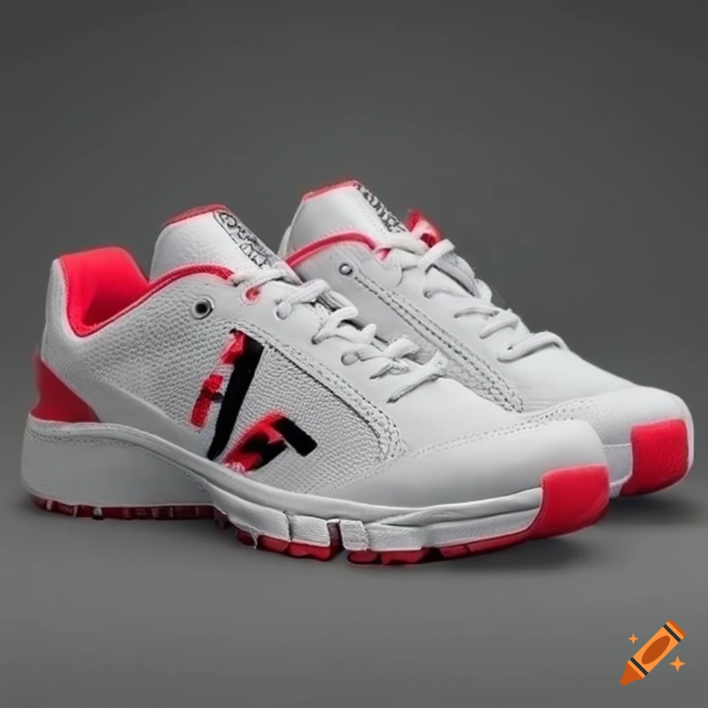 White tennis shoe with black and red sole
