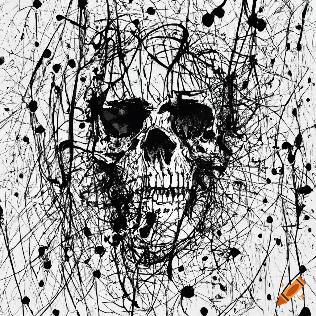 Abstract skull in black ink splatter style on white paper on Craiyon