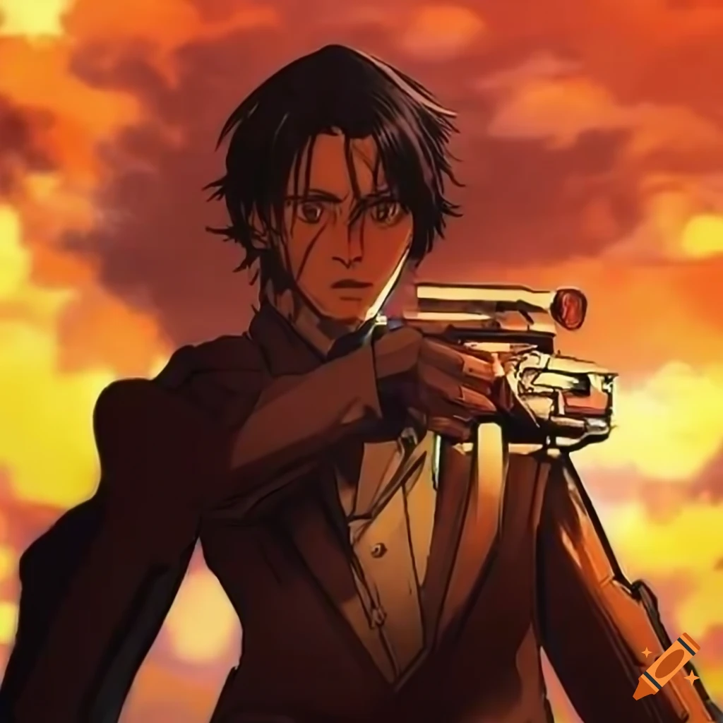 Anime-style Paul Atreides resembling Timothy Chalamet with futuristic gun absorbing sunlight