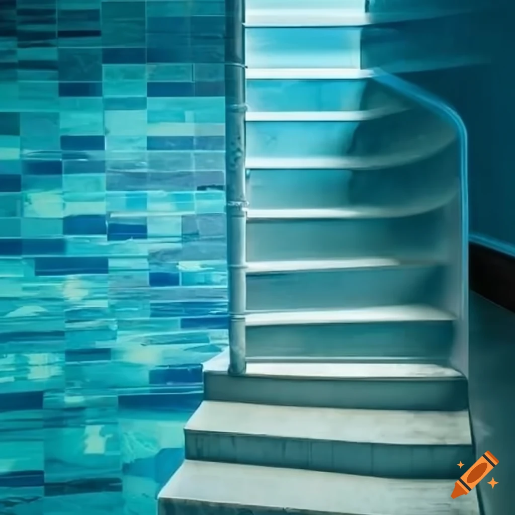 Two staircases in a tiled room with pool water