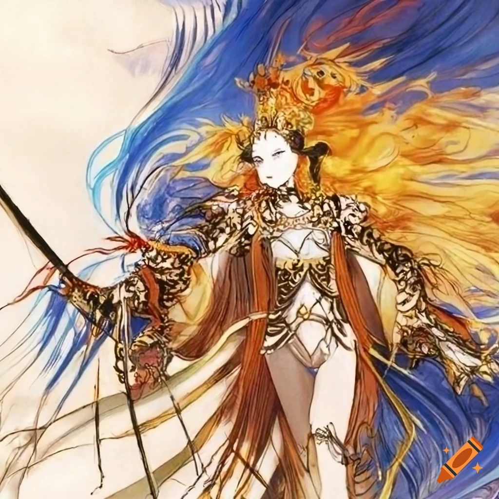 Imperial fire queen armored cleric priestess with flowing golden hair in Yoshitaka Amano style