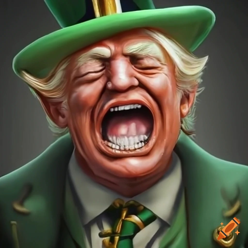 Satirical image of a creepy leprechaun resembling Trump