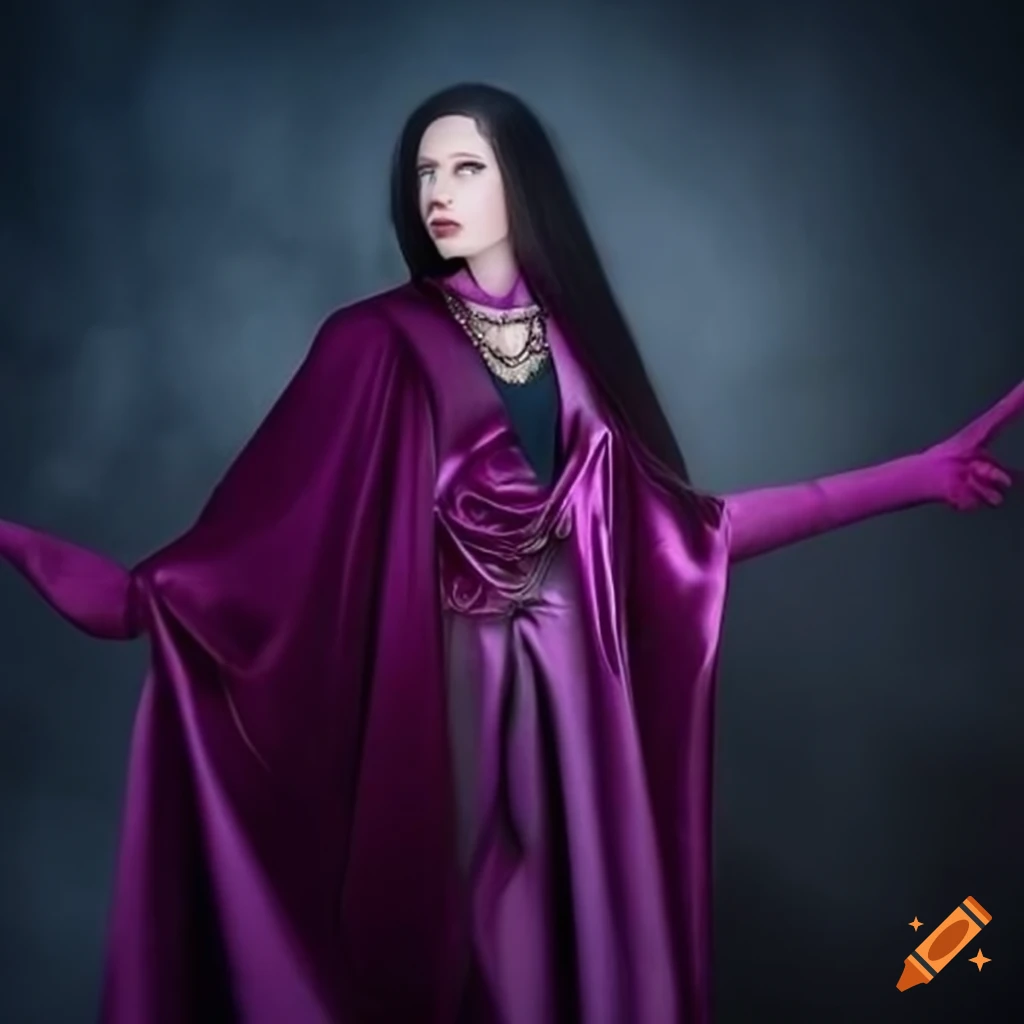 Female sorcerer casting a mystical spell in satin cape and gloves