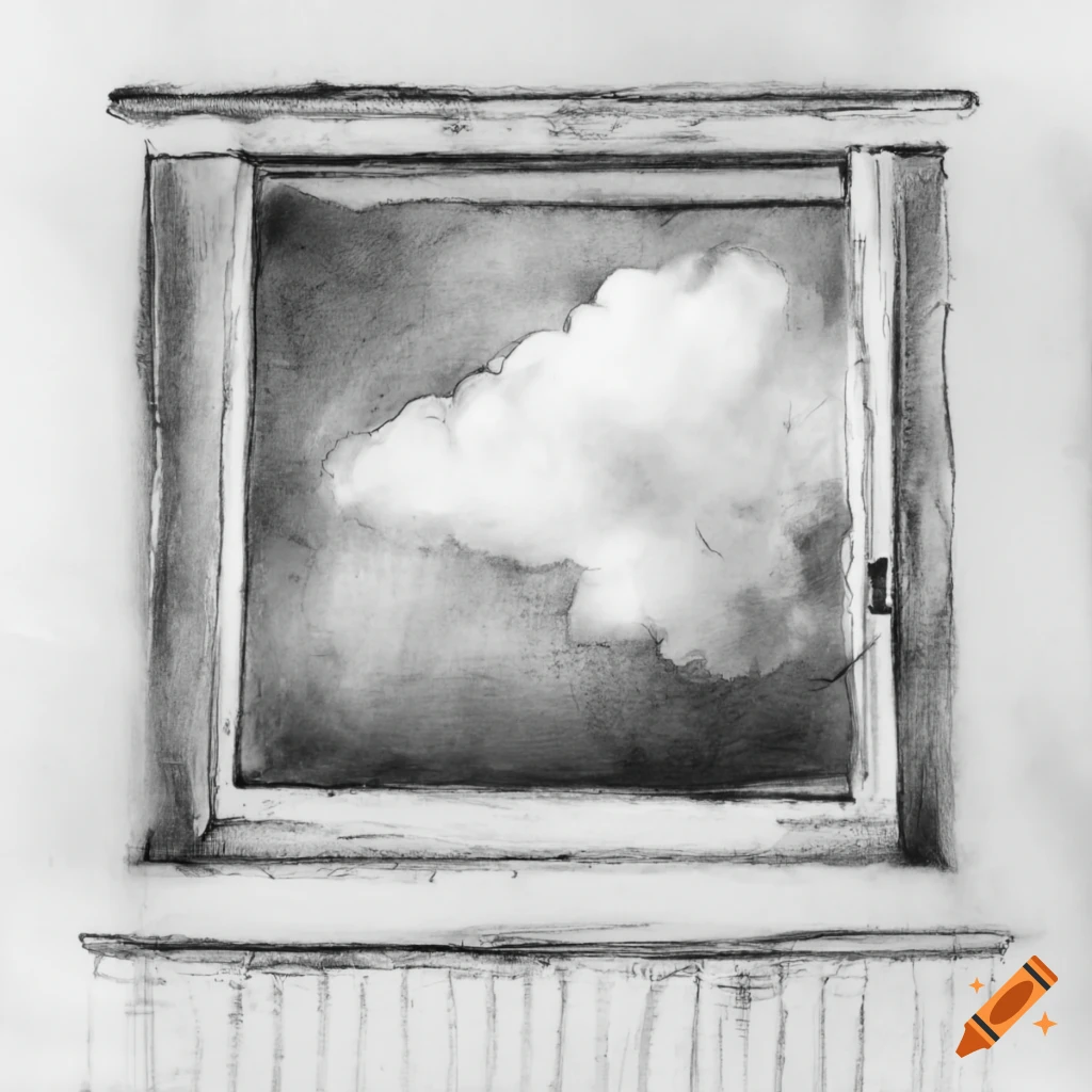 Cloud view from a cottage room window in charcoal black and white