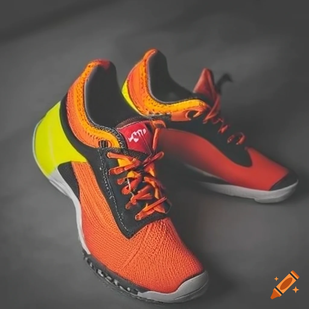 Black, orange, and yellow tennis shoe with red thick sole on Craiyon