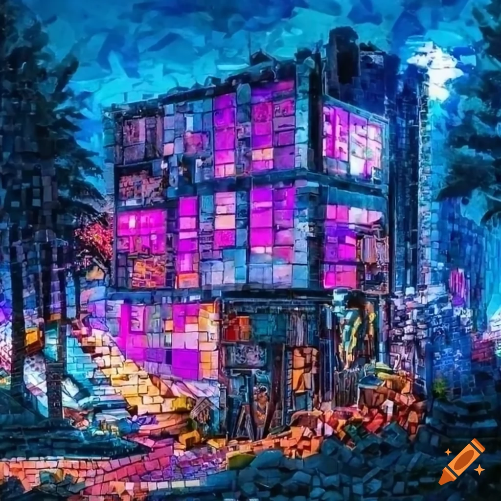 Cyberpunk house in mosaic art style