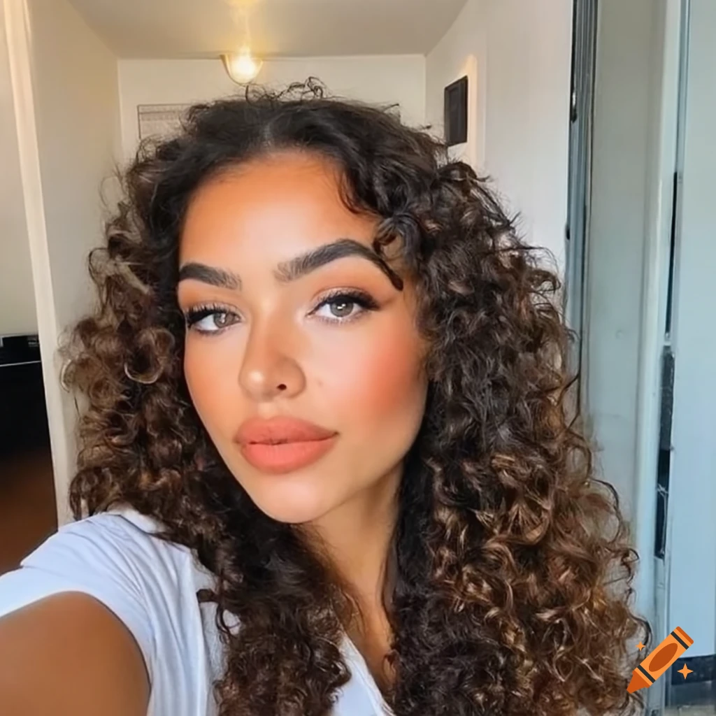 Beautiful woman with long curly hair taking a selfie on Craiyon