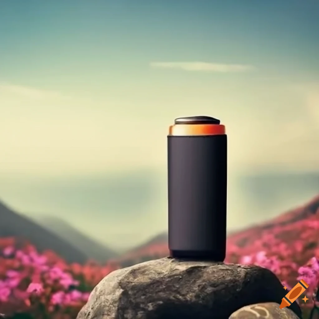 Men's deodorant on rocks with mountain backdrop and flowers