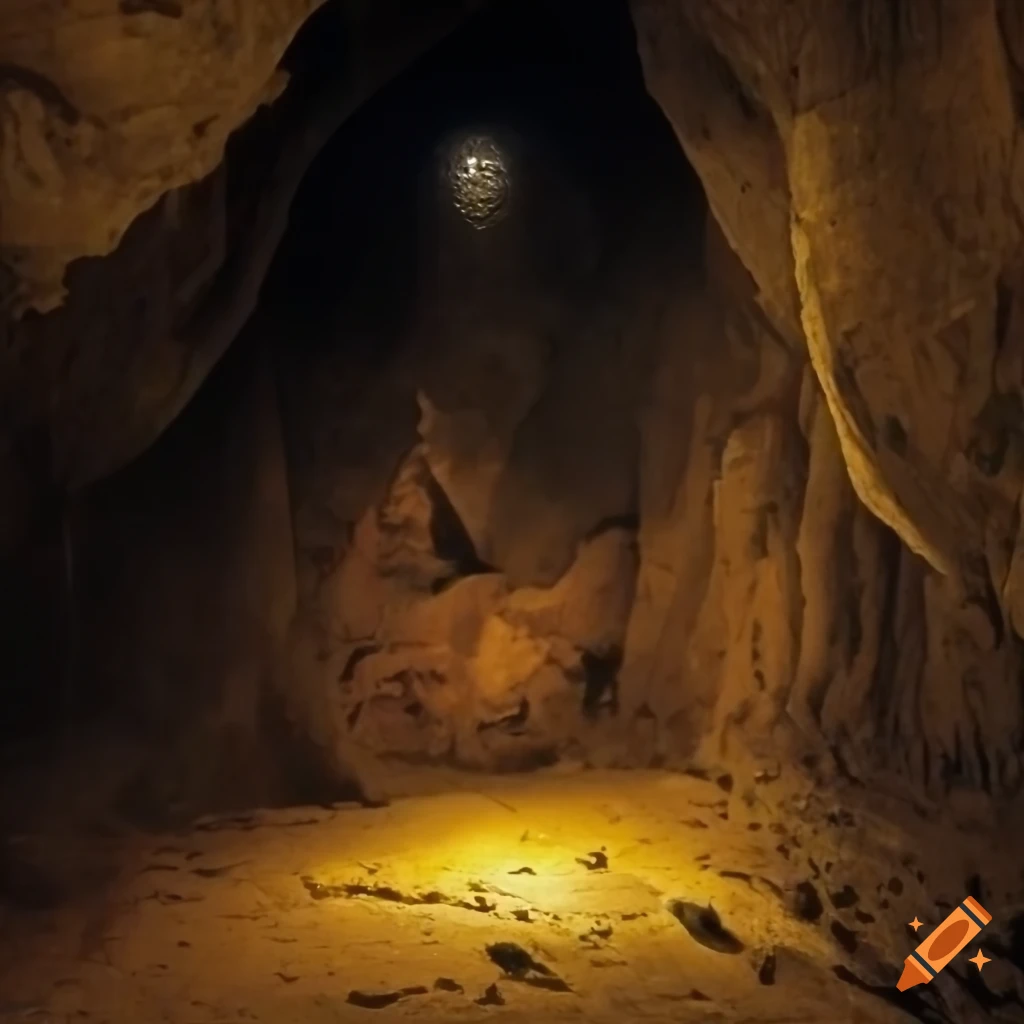 Small old golden chest in a dark cave