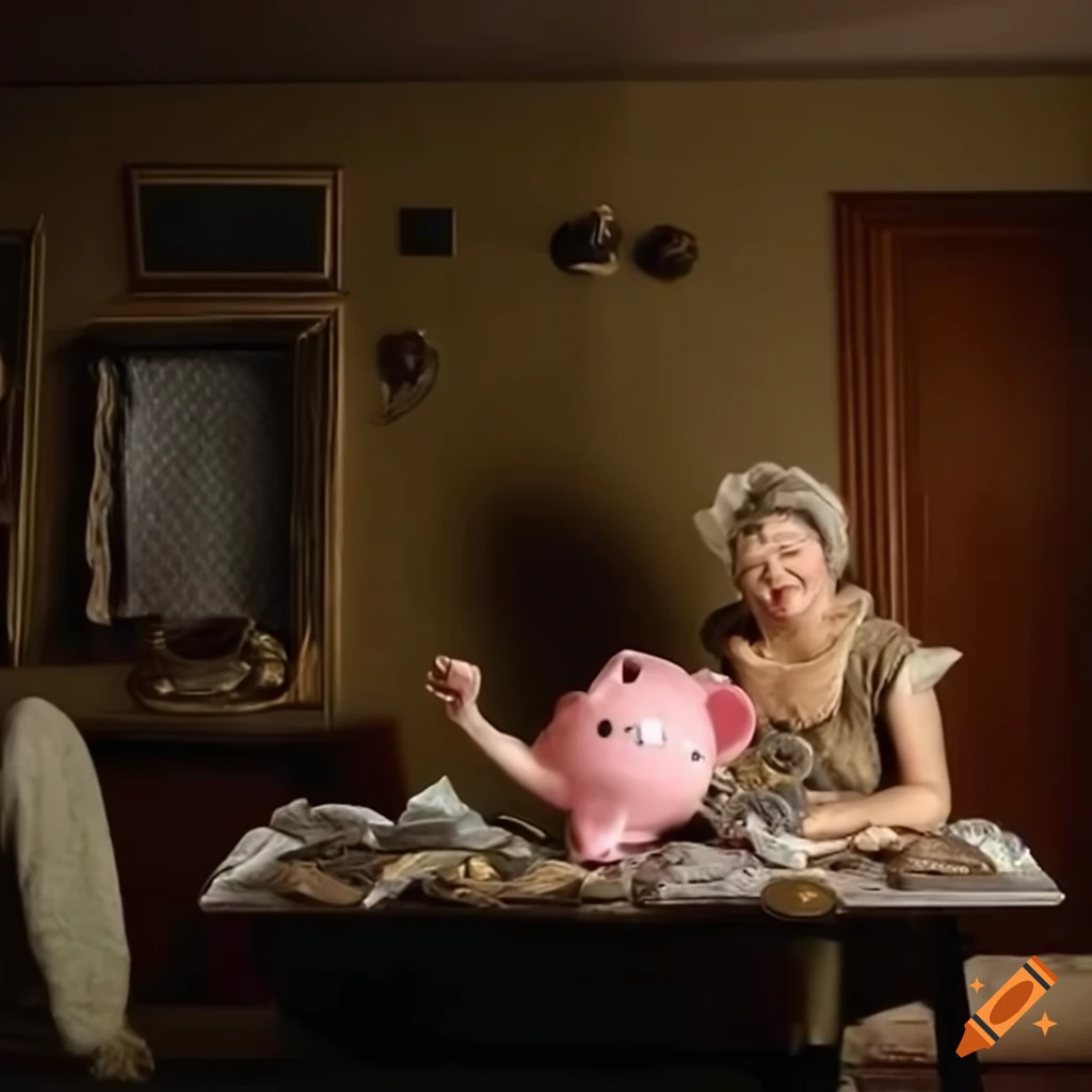 Woman counting coins and bills in a dimly lit apartment