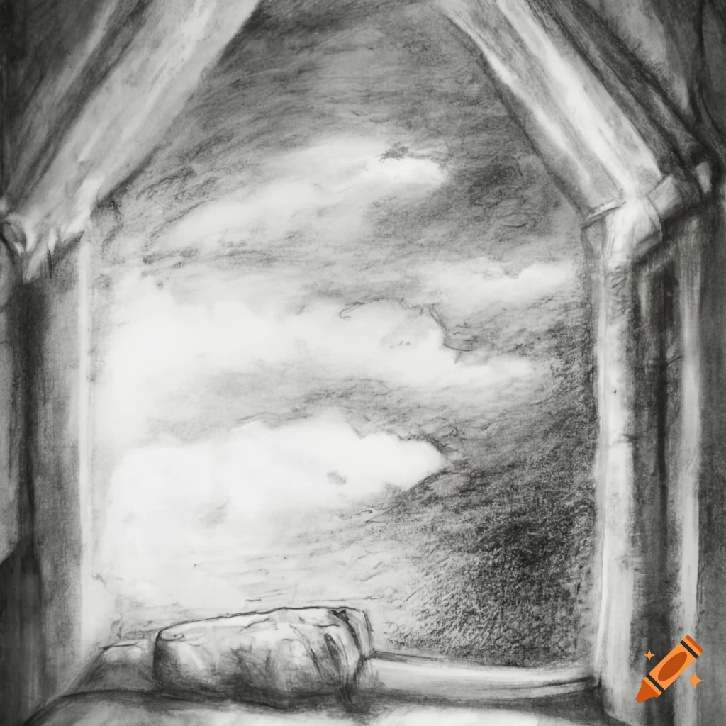 Cloud entering cottage room through window in black and white charcoal drawing