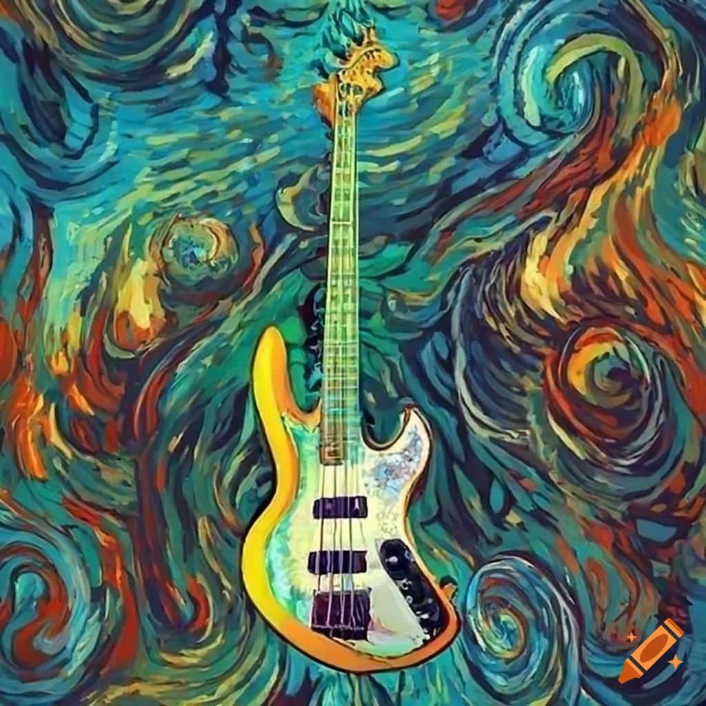 Electric bass engulfed in flames with a Van Gogh artistic style