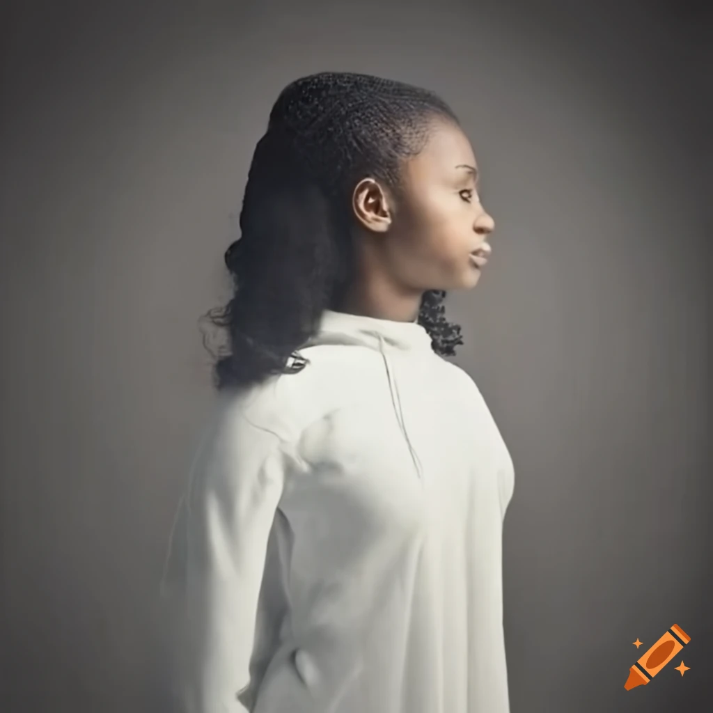 Young wise-looking African American woman in white hoody against swirling fog