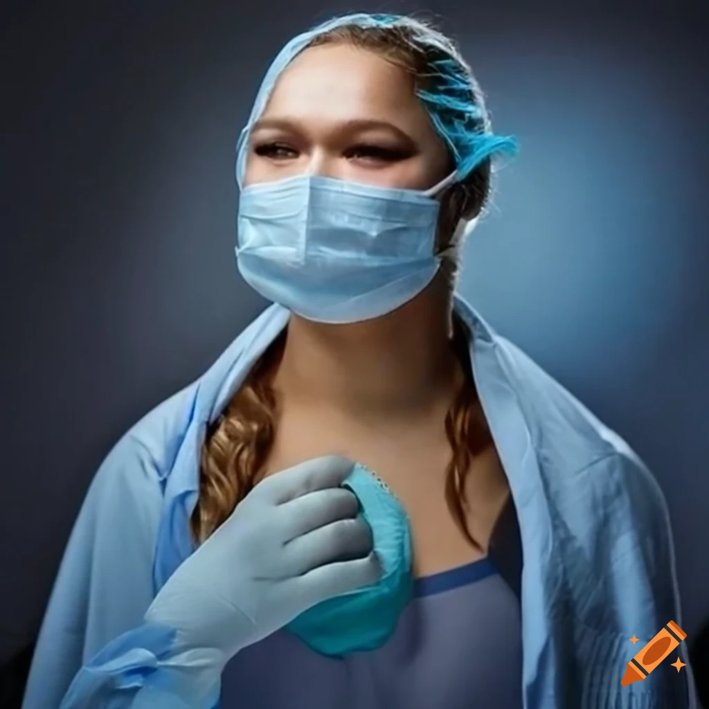 Ronda Rousey in surgical attire with mask, gloves, and cap