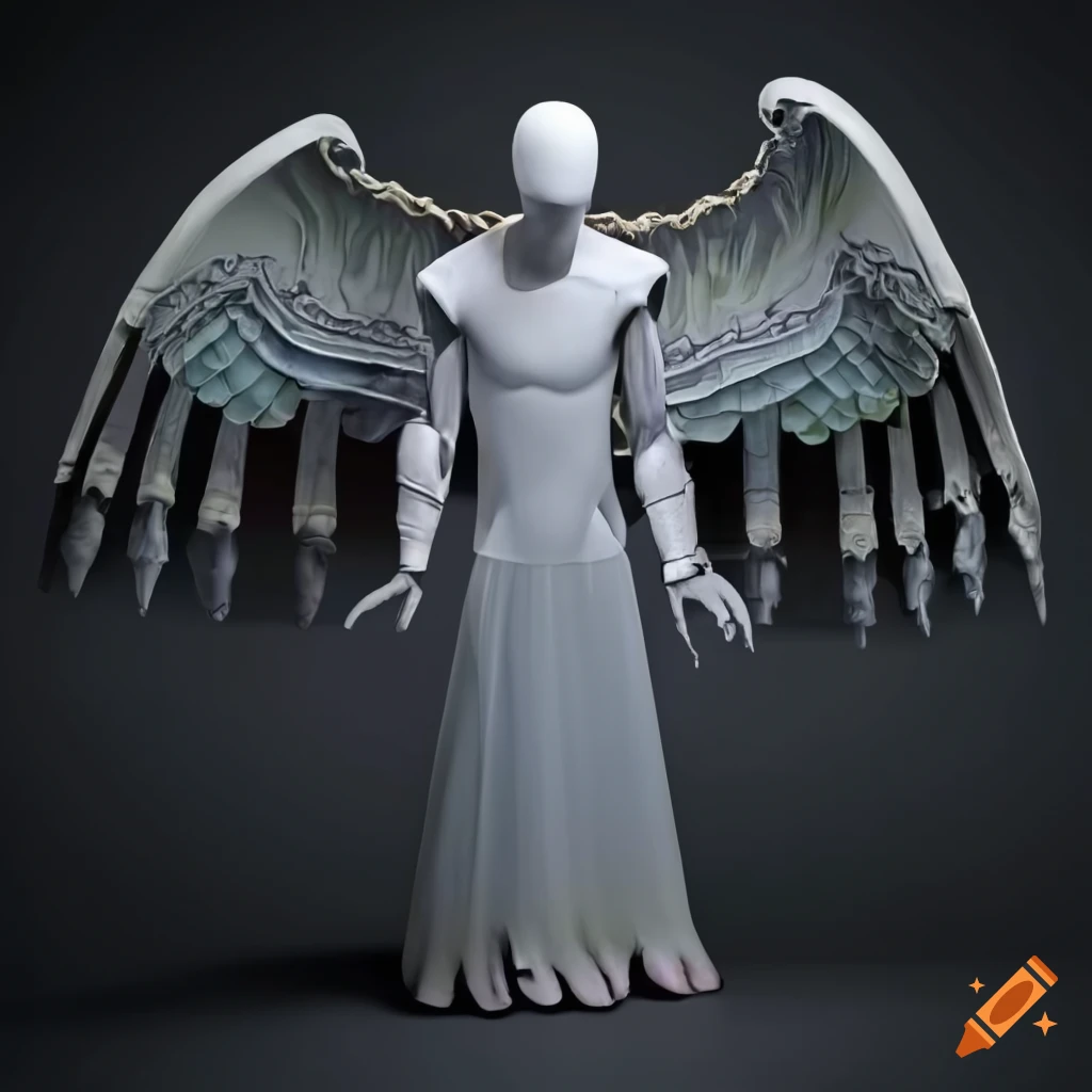 Gray mannequin with parts resembling sacred and demonic beings