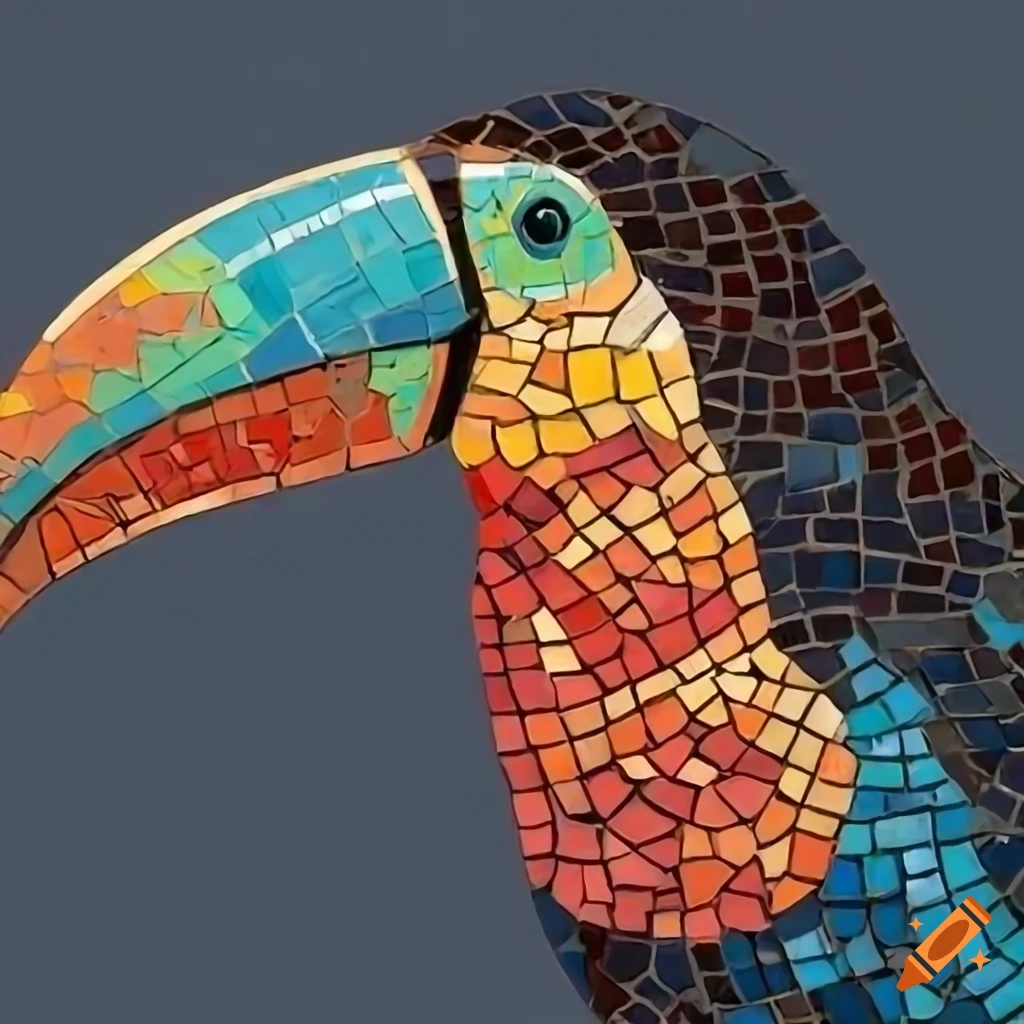 Mosaic art showcasing a toucan's beak and feathers
