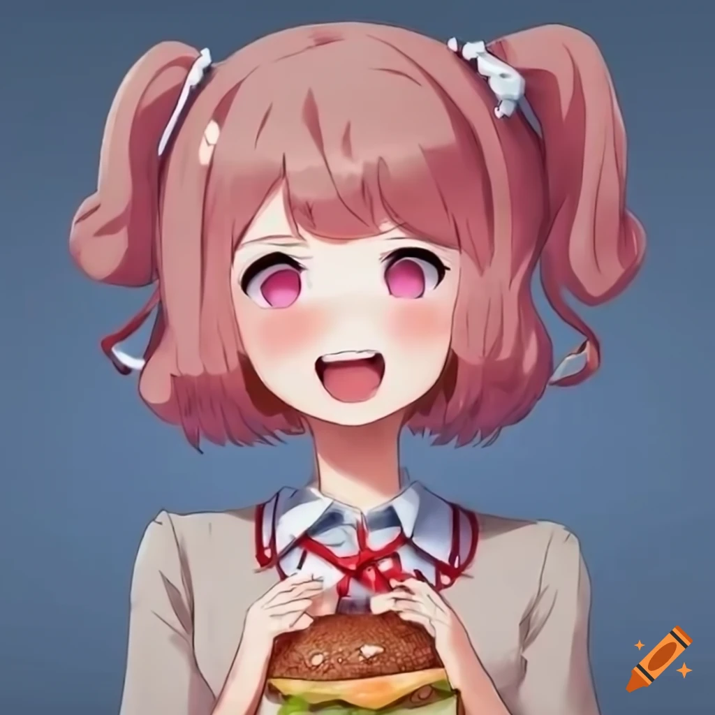 Natsuki holding a massive burger with sharp teeth and wide pink eyes