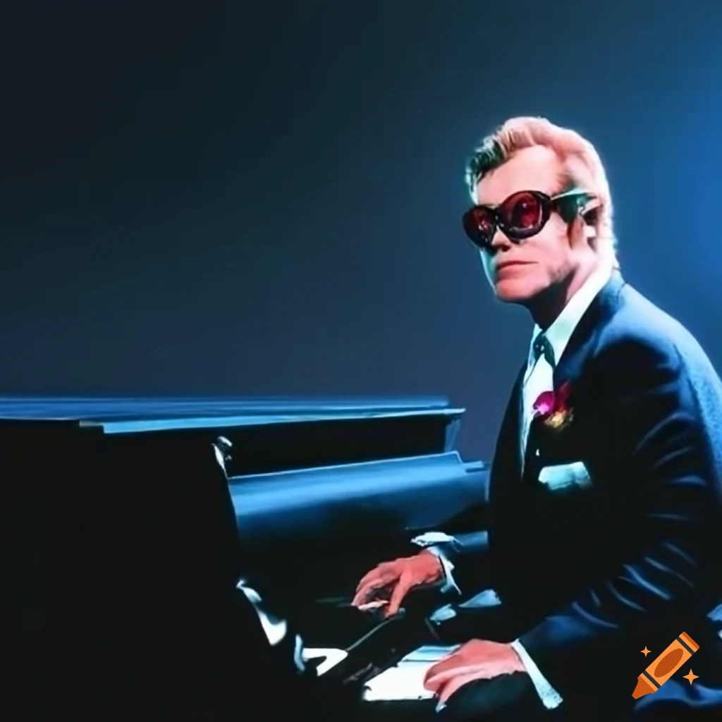 Elton John at a grand piano with scenes from Goodbye Yellow Brick Road album cover