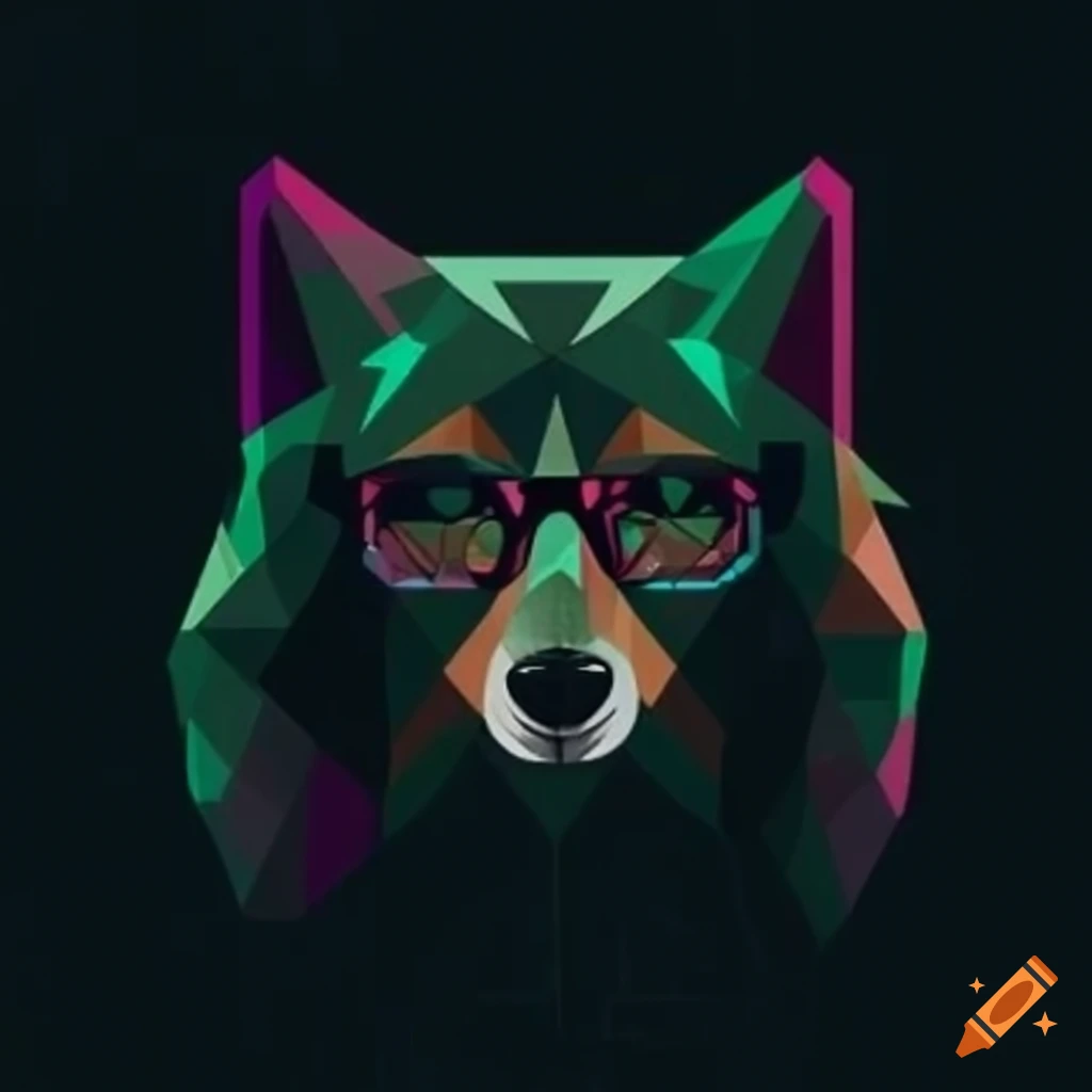 Geometric wolf with black glasses and green eyes on Craiyon