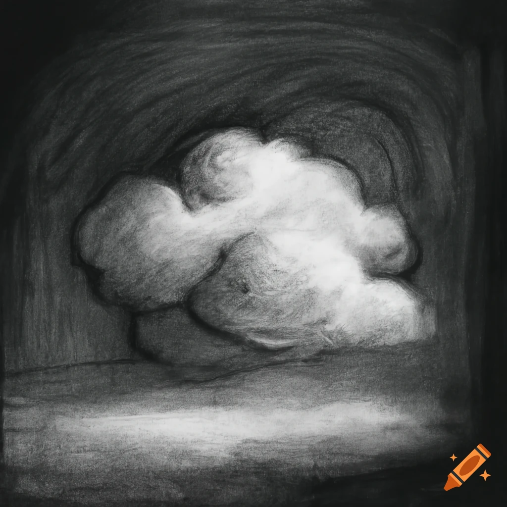 Cloud inside a cottage room in a black and white charcoal drawing