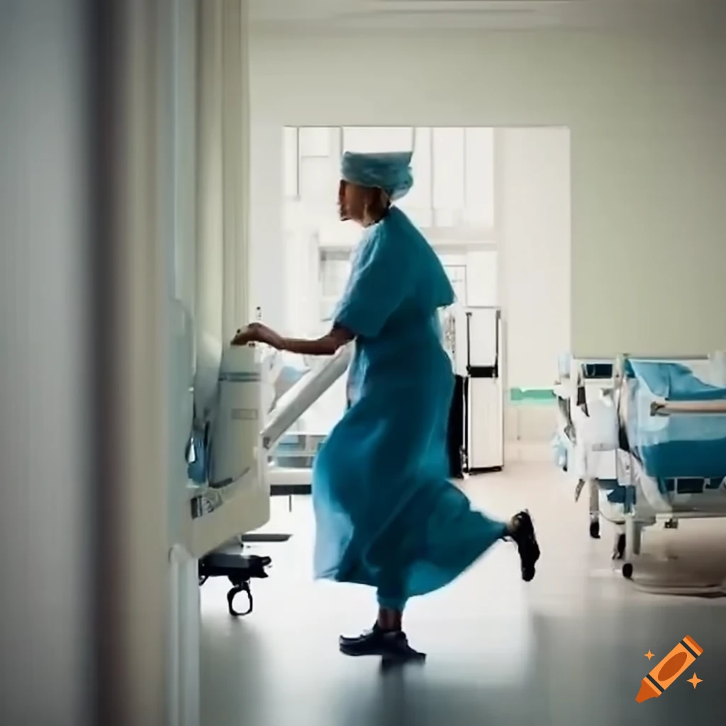 Surgeons rushing with a hospital bed in a sunny corridor