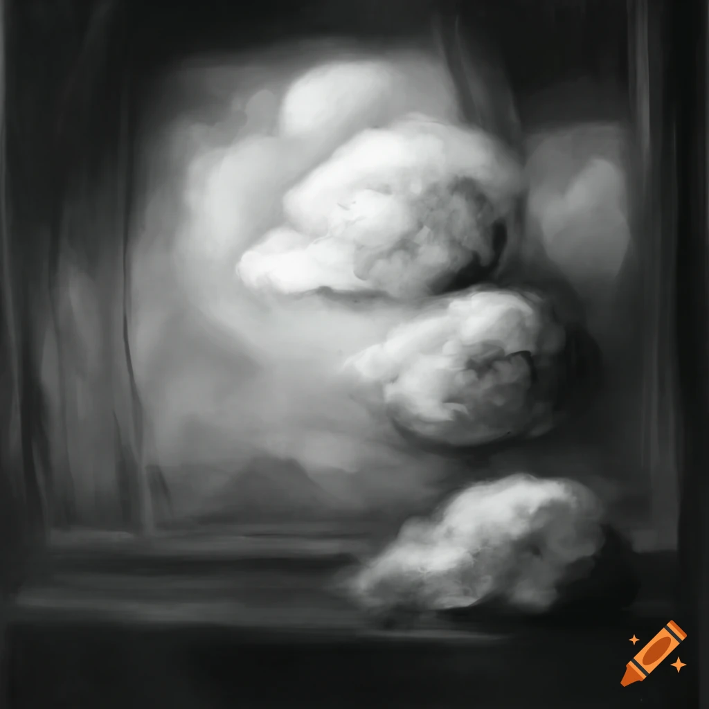 Cloud emerging inside a charcoal drawing of a cottage room