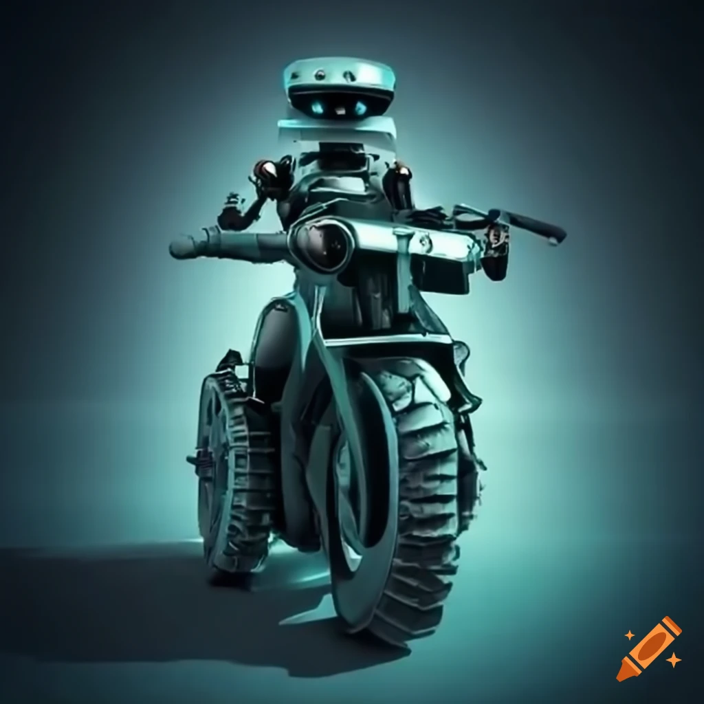 Robot riding a motorcycle in a battlefield