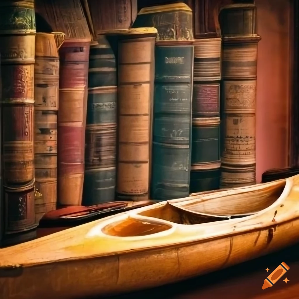 Vibrant collage of antique books, kayak, and cairngorms in Scotland