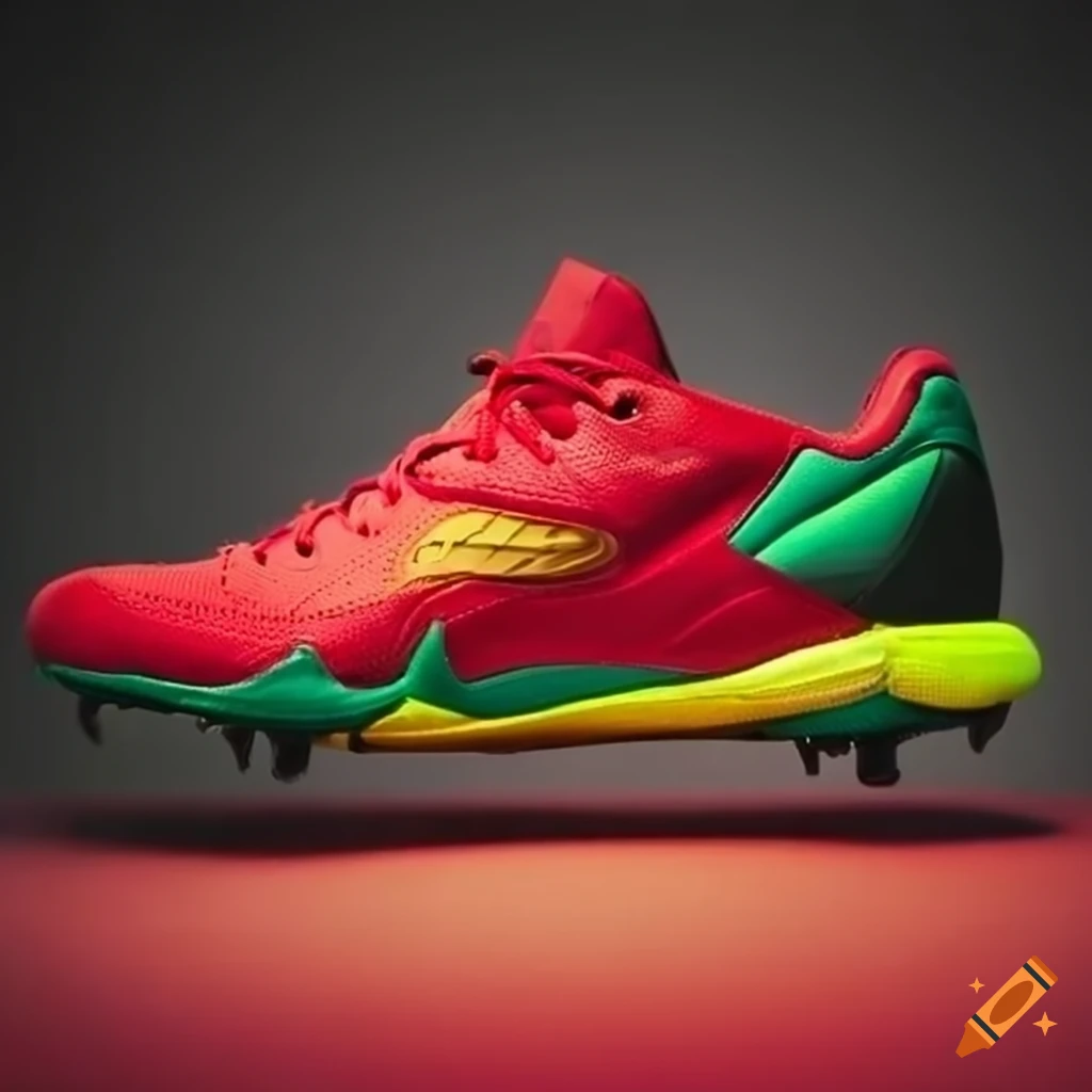 Red tennis shoe with colorful spikes on sole on Craiyon