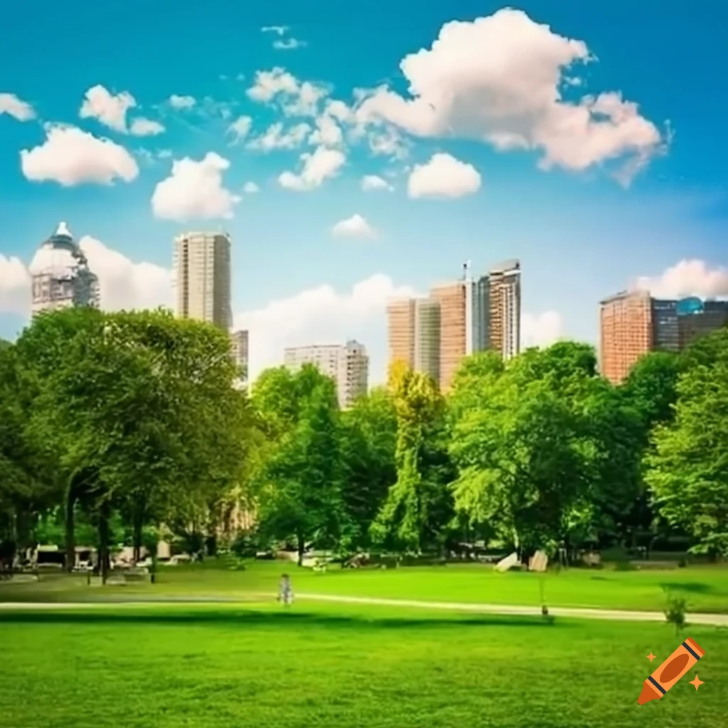 Panoramic view of a tranquil city park landscape