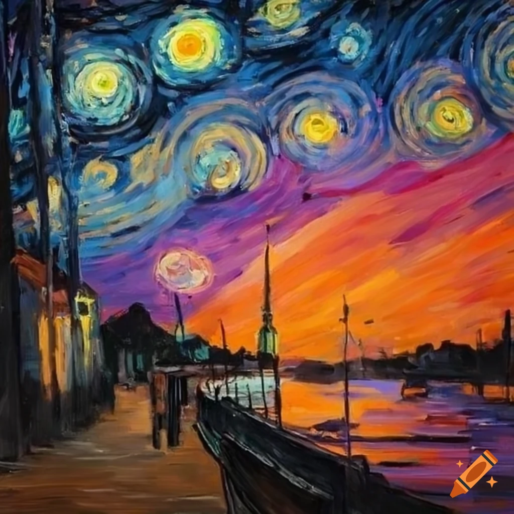 Town in Vincent van Gogh's style with warm colors during sunset