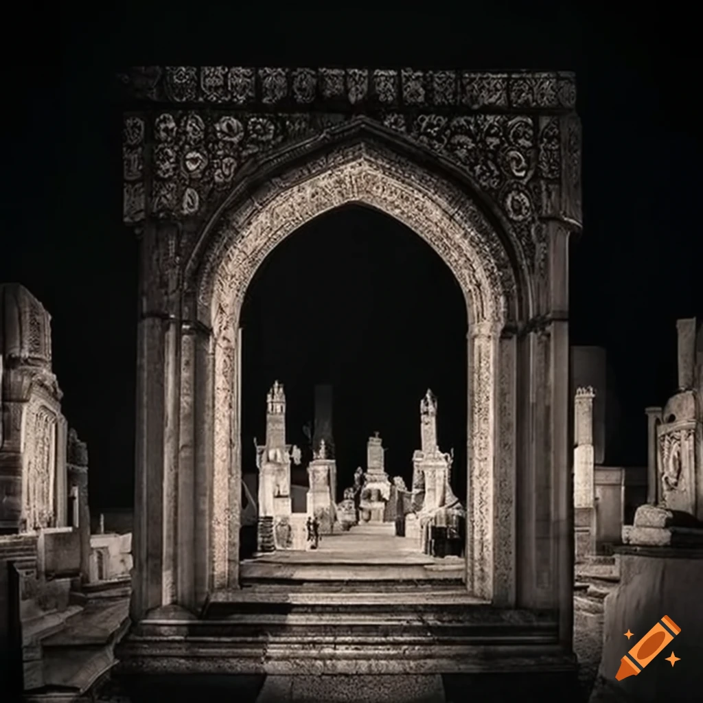 Nighttime photograph of Turkish cemetery with symmetrical tombstones