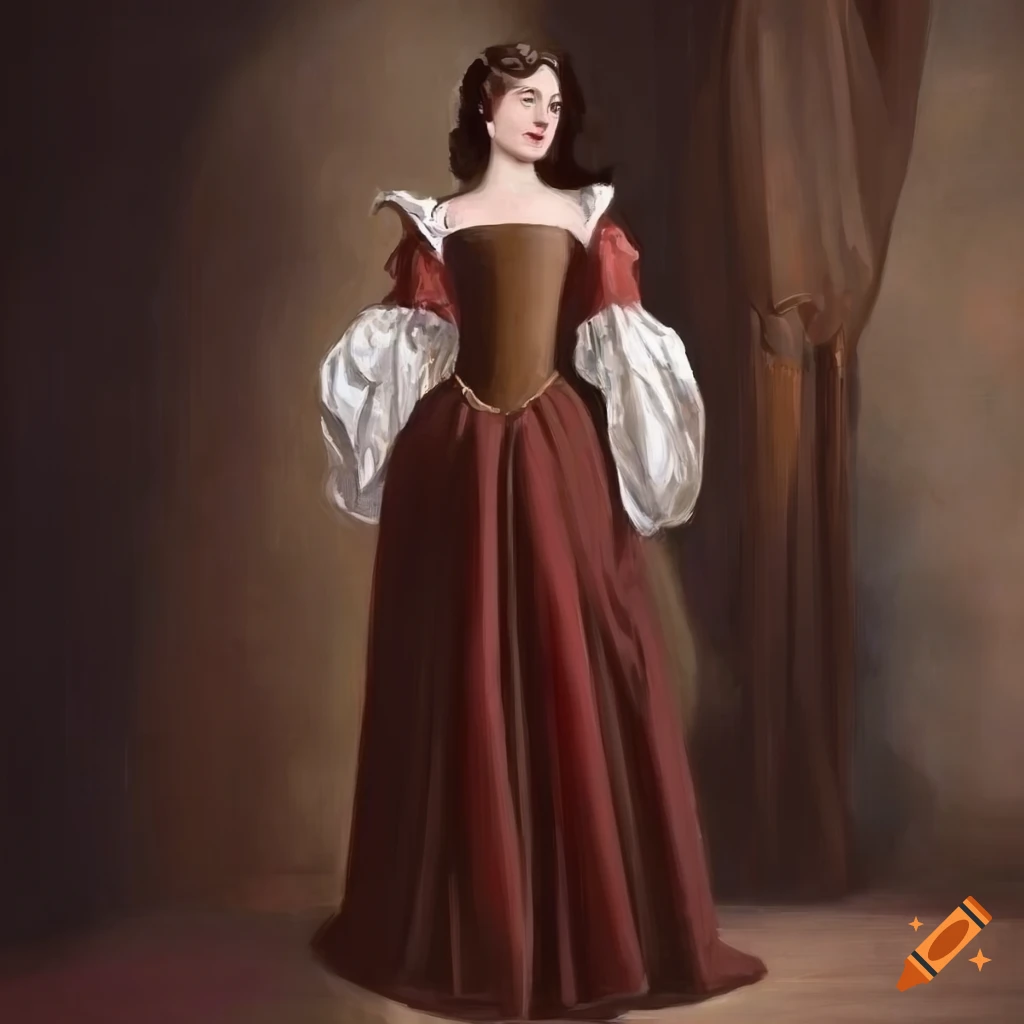 Brunette woman in 1940's hairstyle and Shakespearian attire in renaissance painting style