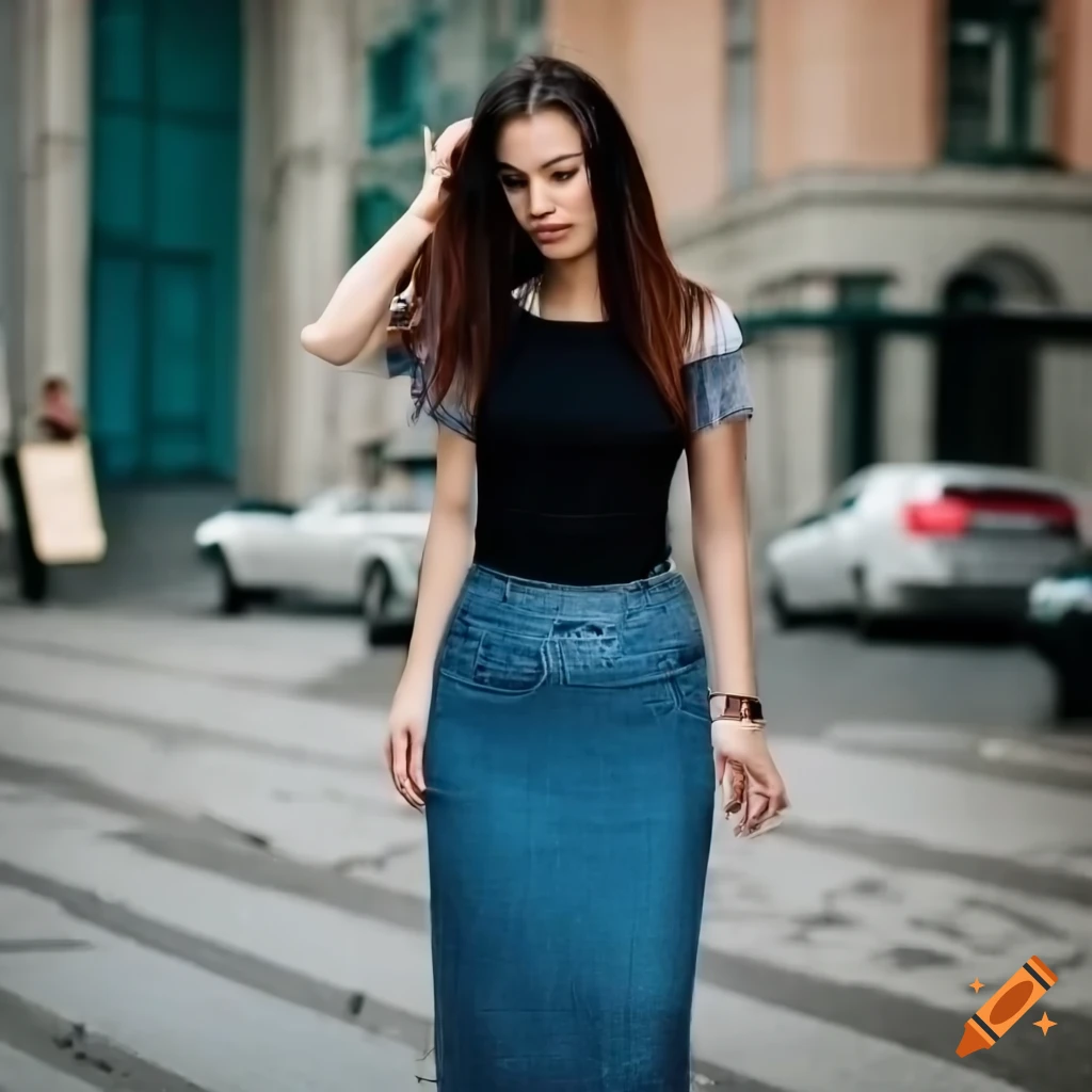 Stylish woman in t-shirt and denim skirt walking in a small city