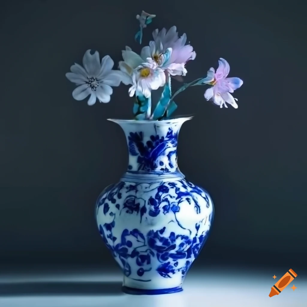 Ornate Chinese vase with radiant flowers in dramatic lighting