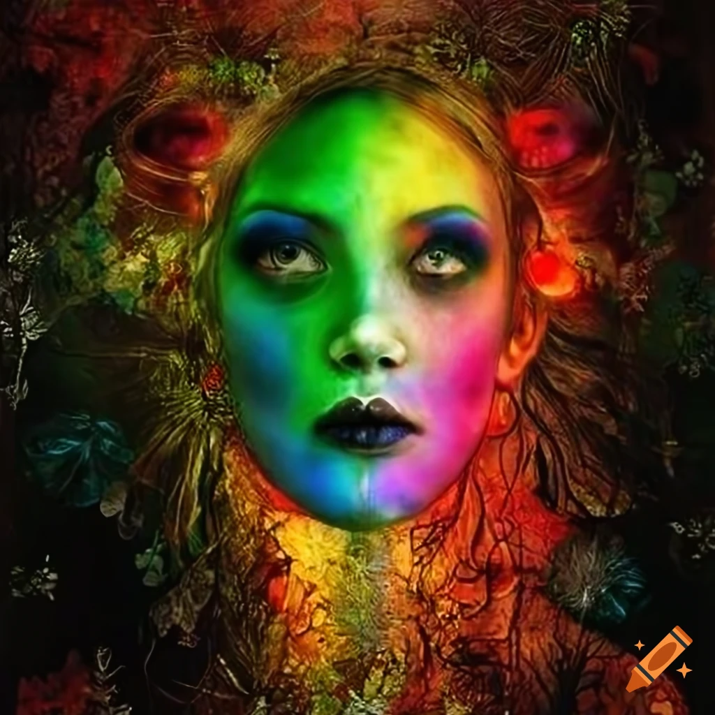 Surreal woman's face in a colorful and gothic forest setting