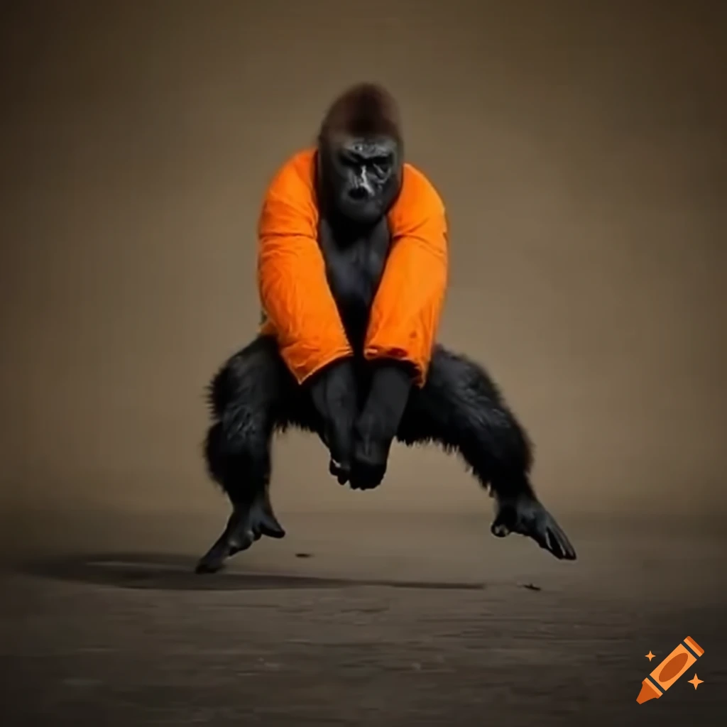 Gorilla in orange jacket doing parkour