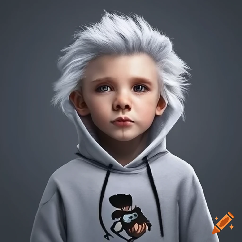 Half-human half-lion cub boy with white hair and a hoodie