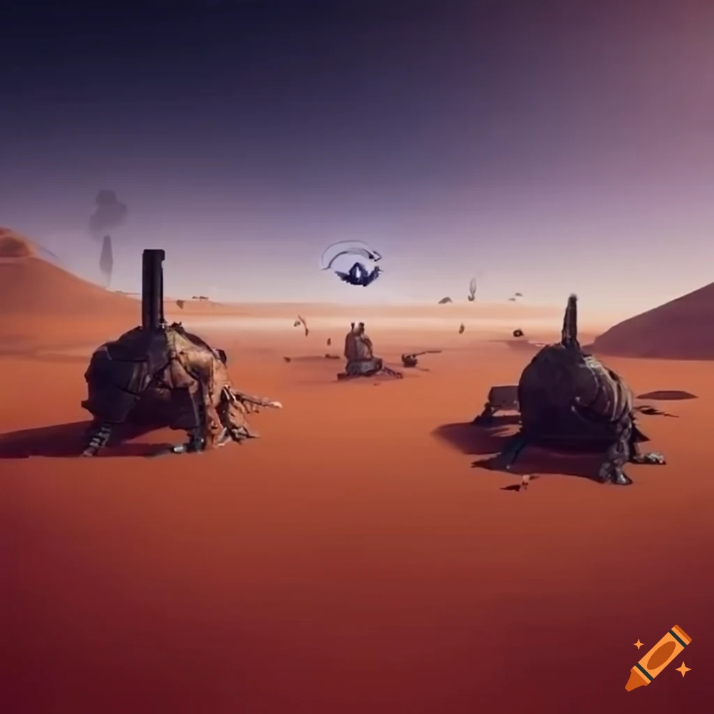 Epic battle in a sci-fi desert with advanced fighter versus space bugs