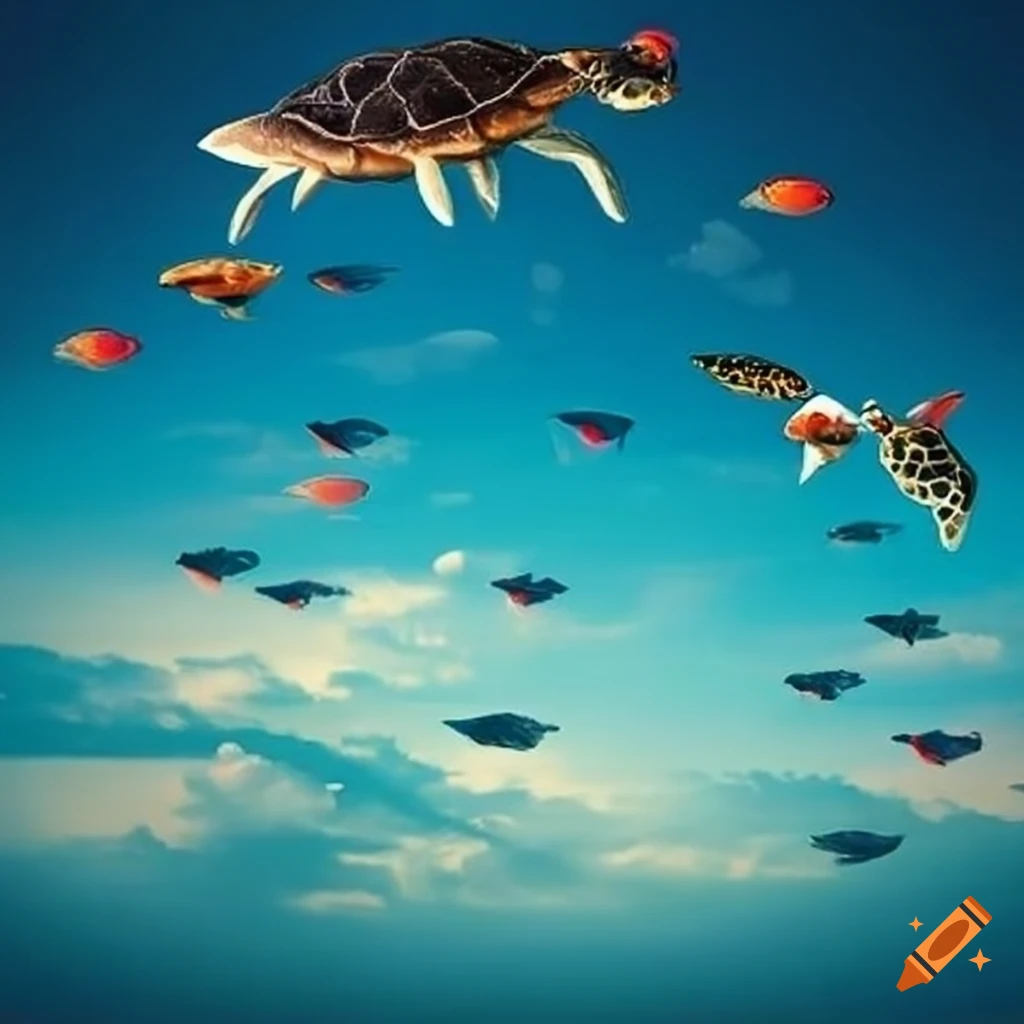 Sky filled with flying fishes and turtles