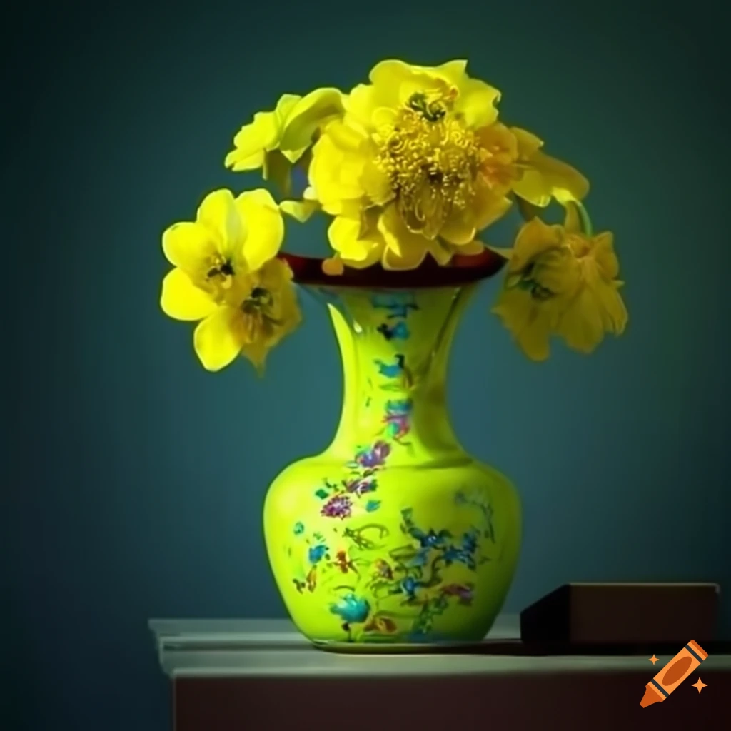 Colorful Chinese vase with blossoms in dramatic lighting