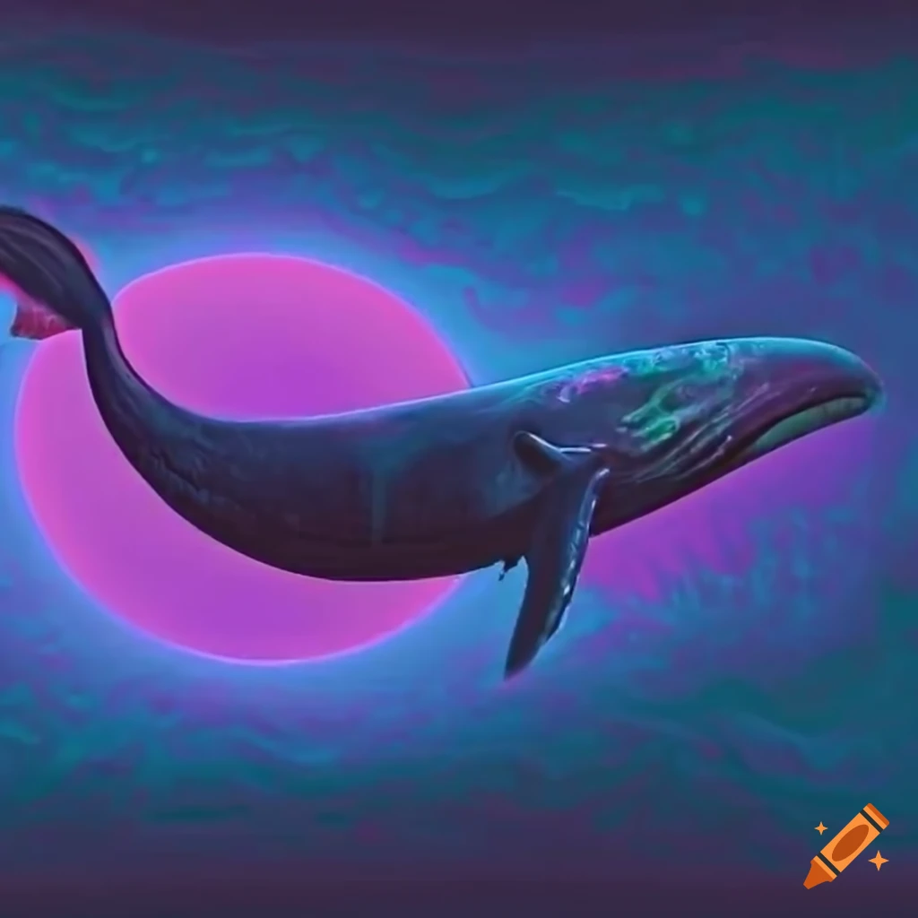 Majestic flying whale in surreal retro-futuristic setting with vaporwave visuals