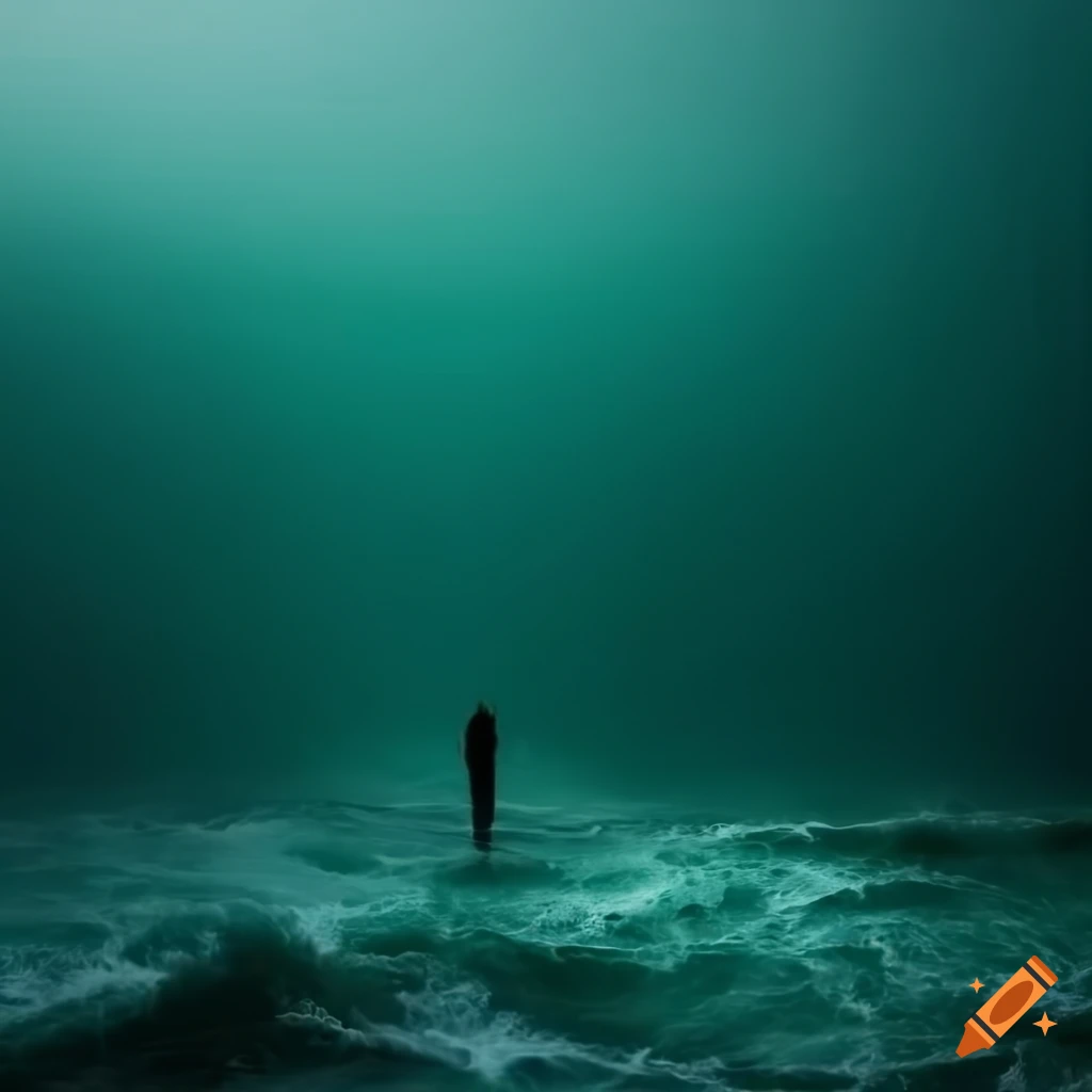 Stormy sea with person standing amidst the waves