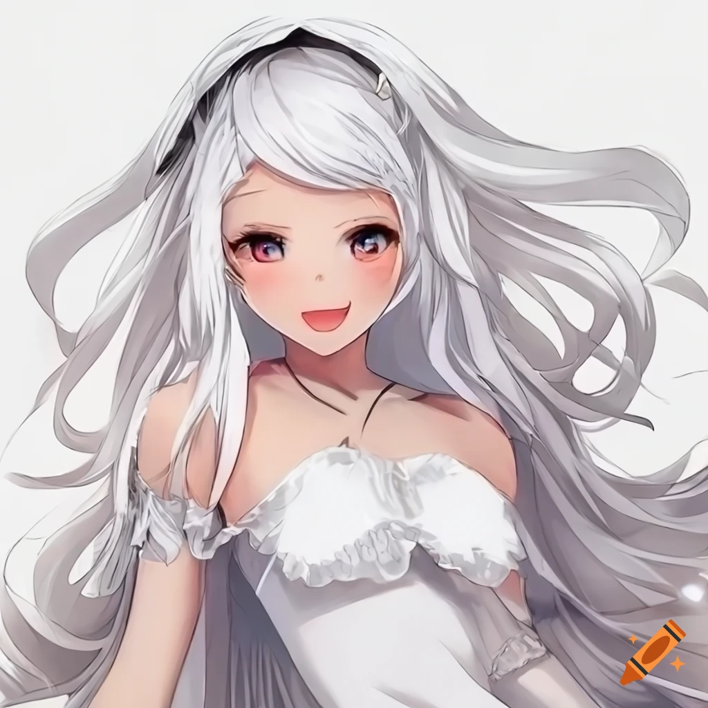 Smiling anime woman in a white dress with white hair on Craiyon