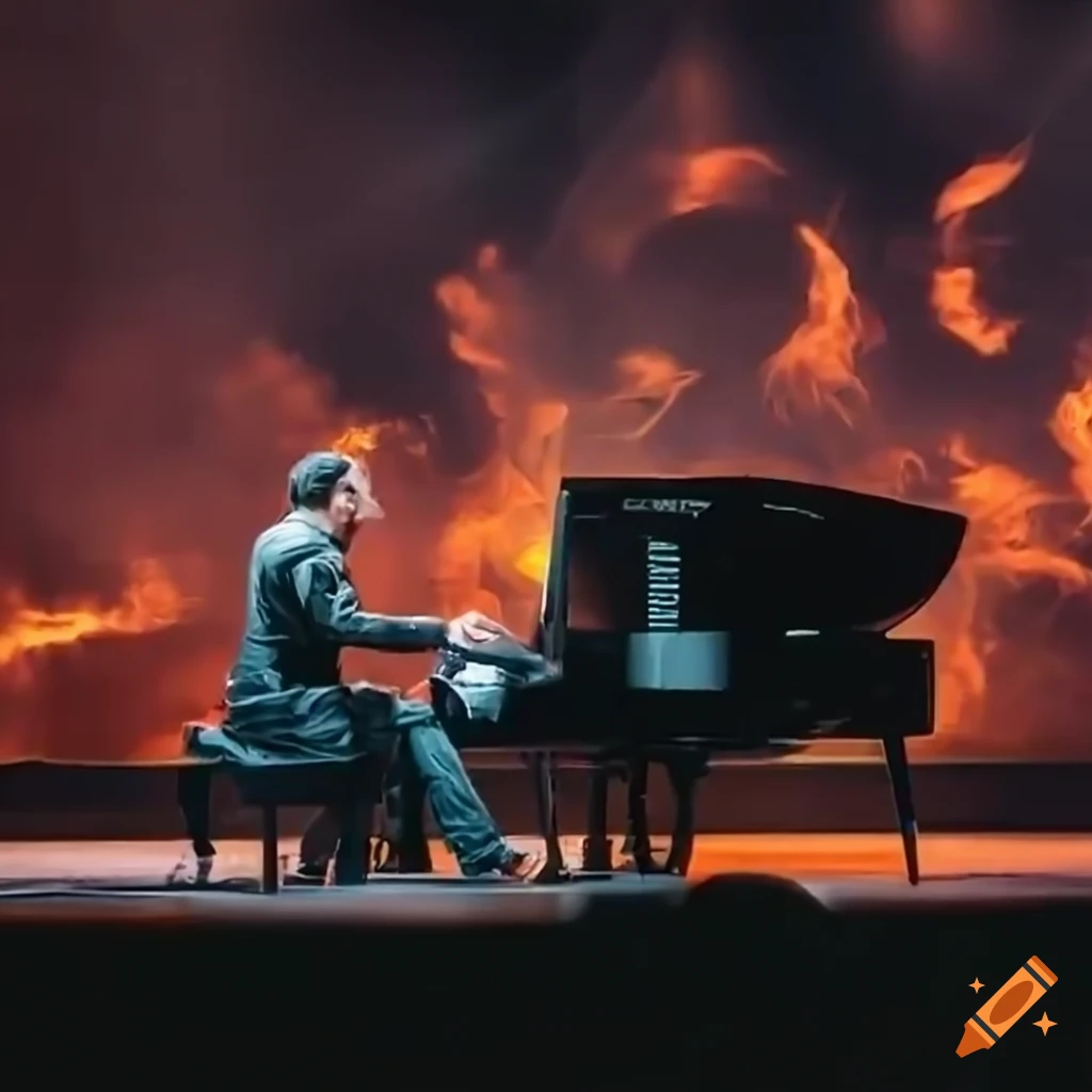 Classically dressed pianist performing in front of a fiery background
