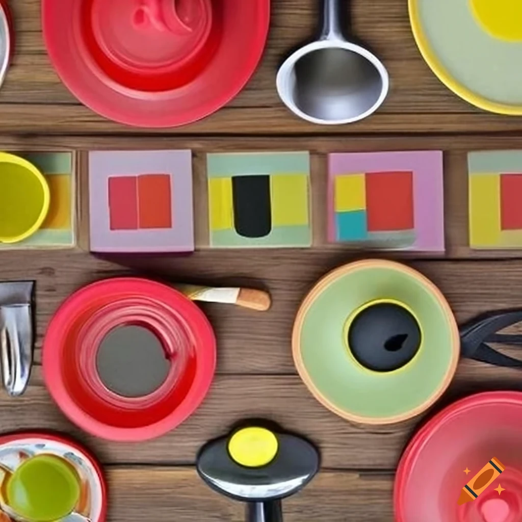 Kitchen-themed items arranged on a wooden surface in red, yellow, and colors