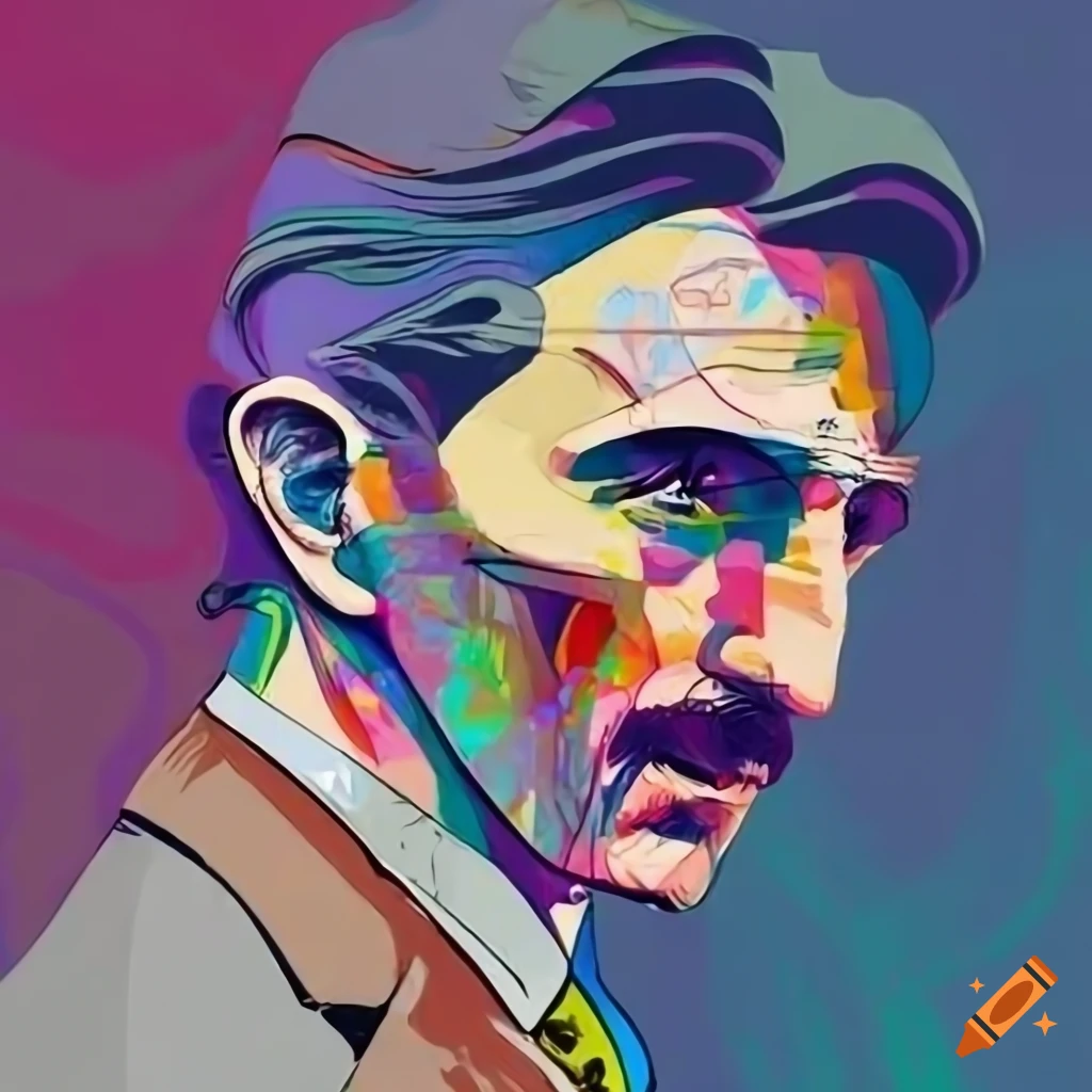 Colorful graffiti-style portrait outline of Nikola Tesla