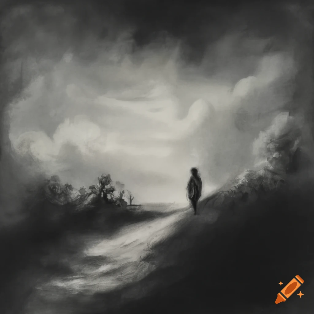 Old man observing a cherub in the sky in a charcoal drawing