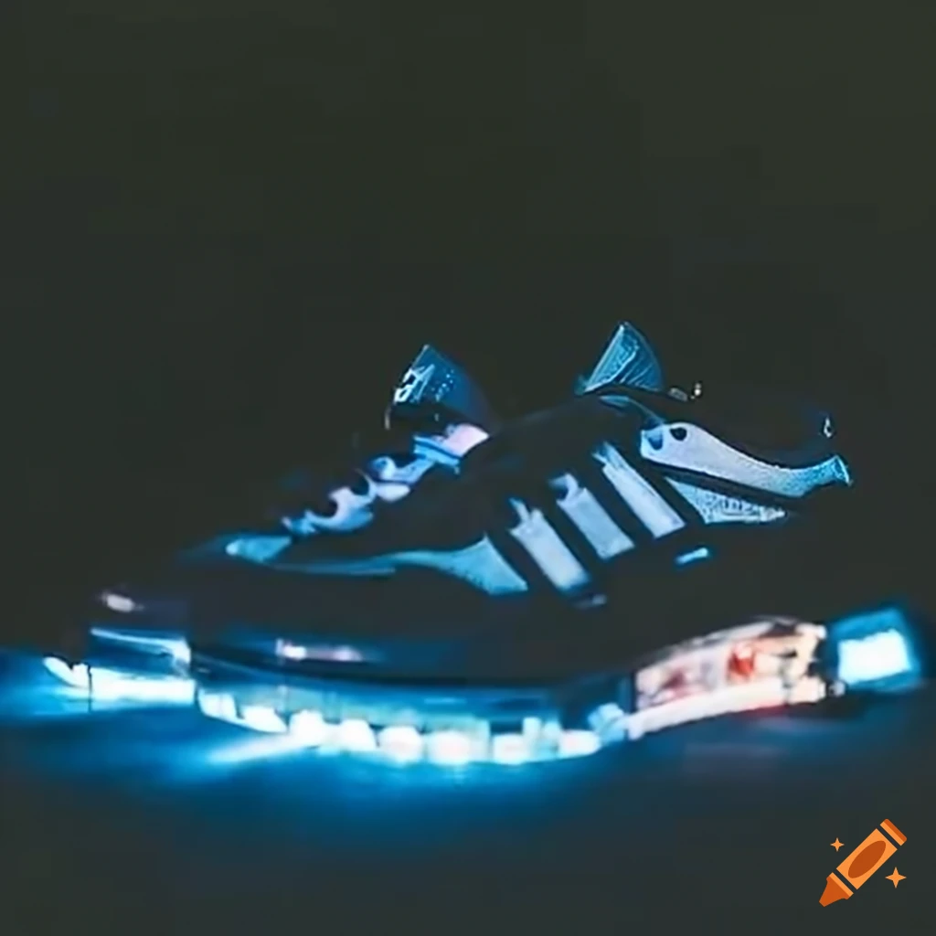 Cyberpunk shoes, latest model in a commercial photography setting