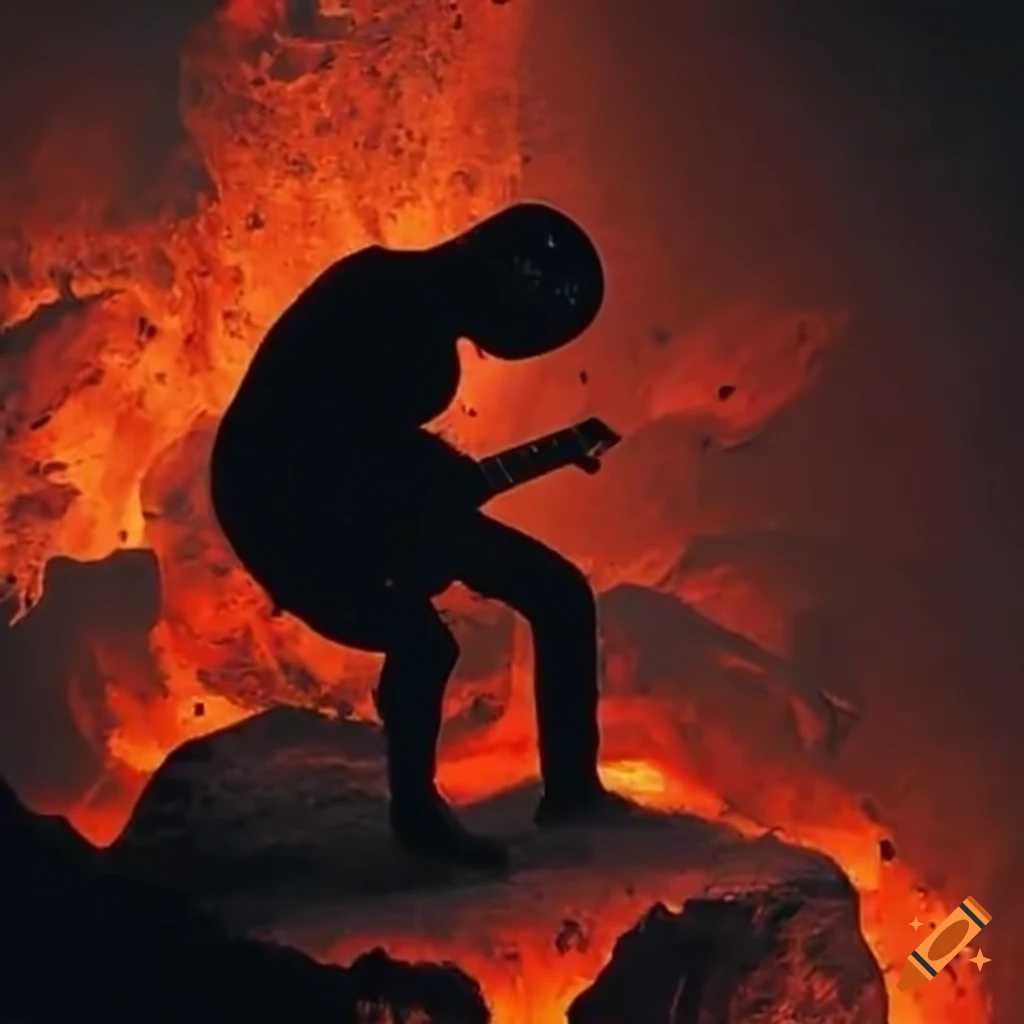Guitarist surfing a rock down a lava flow